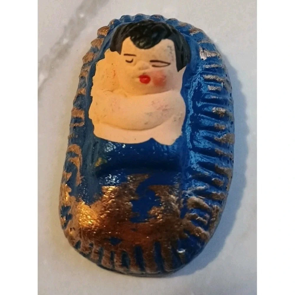 14 Piece Mexican Folk Art Christmas Nativity Set‎ Handpainted Blue Gold